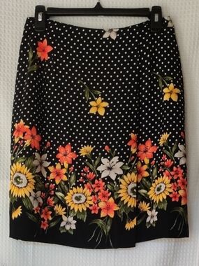 Kathy Lee Orange & Yellow Floral Blooms, Black Polka Dots Skirt Size 8